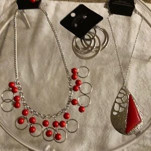 Red n silver necklaces and silver hoop earrings